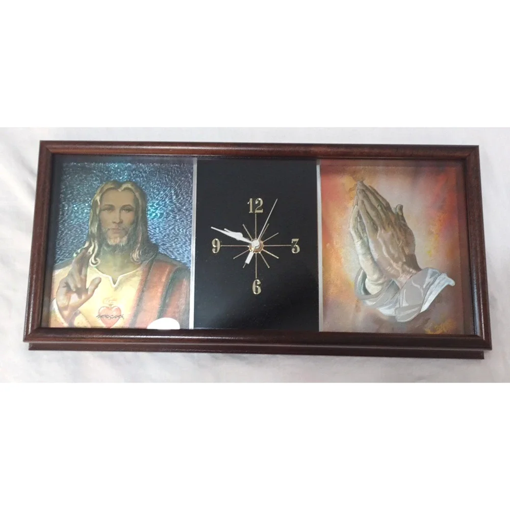 VTG Jesus Praying 3 D Holographic Lenticular Wood Wall Glass Clock 17x8x2 WORKS